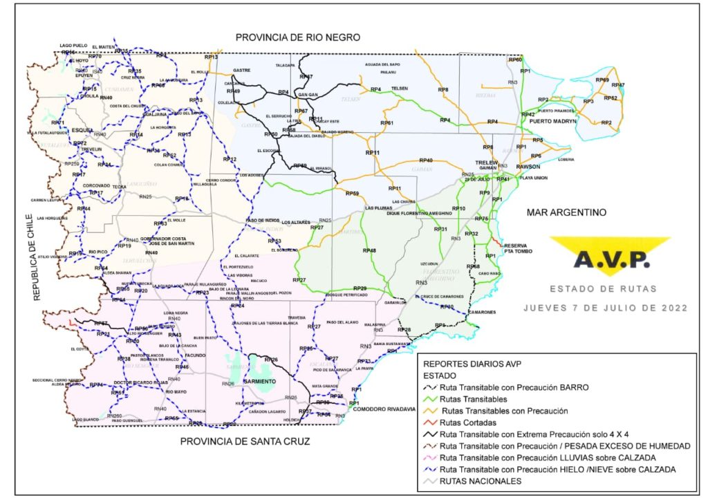 Estado de las rutas de Chubut del jueves 7 de julio