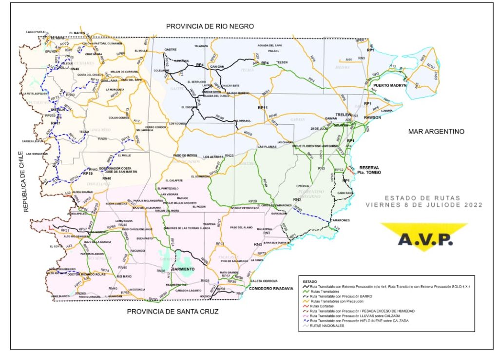 Estado de las rutas de Chubut del viernes 8 de julio