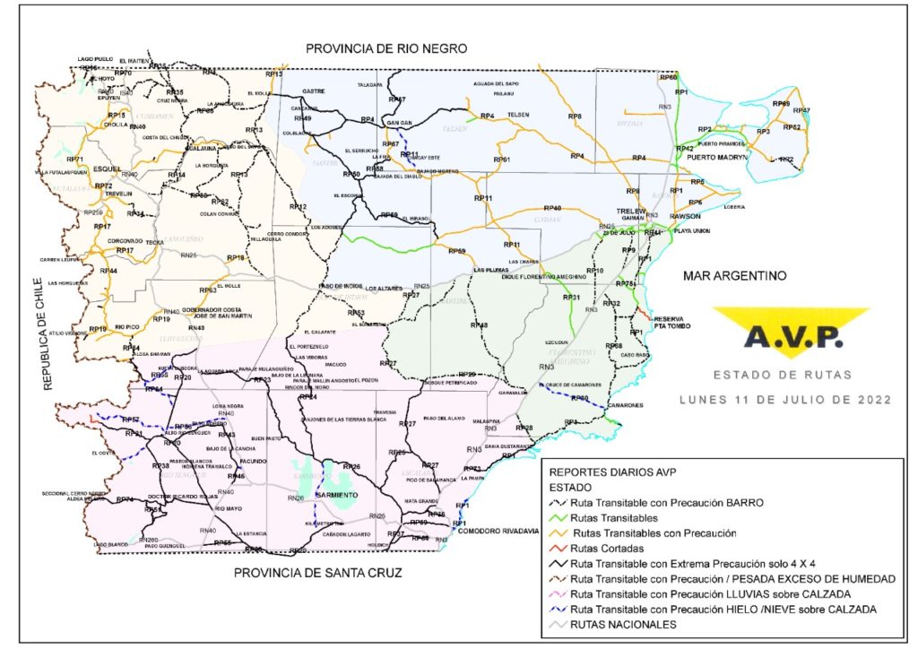 Estado de las rutas de Chubut del lunes 11 de julio