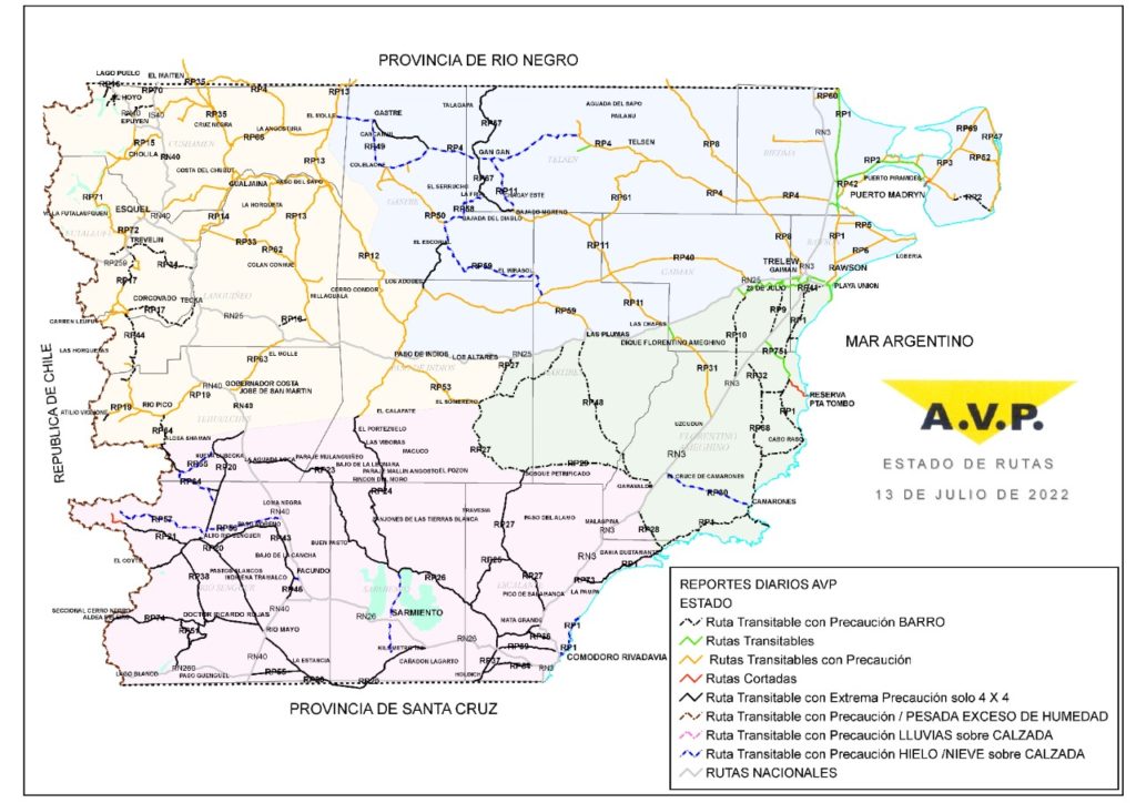 Estado de las rutas de Chubut del miércoles 13 de julio