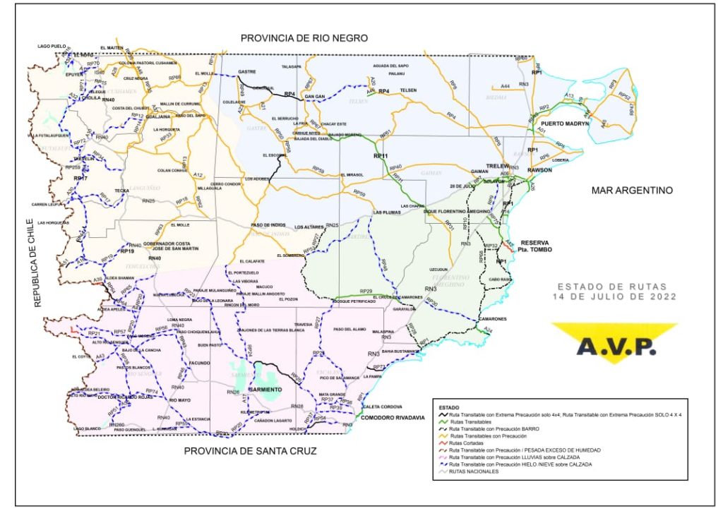 Estado de las rutas de Chubut del viernes 15 de julio