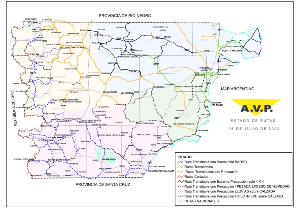 Estado de las rutas de Chubut del sábado 16 de julio