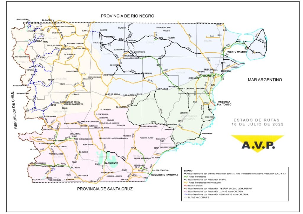 Estado de las rutas de Chubut del lunes 18 de julio