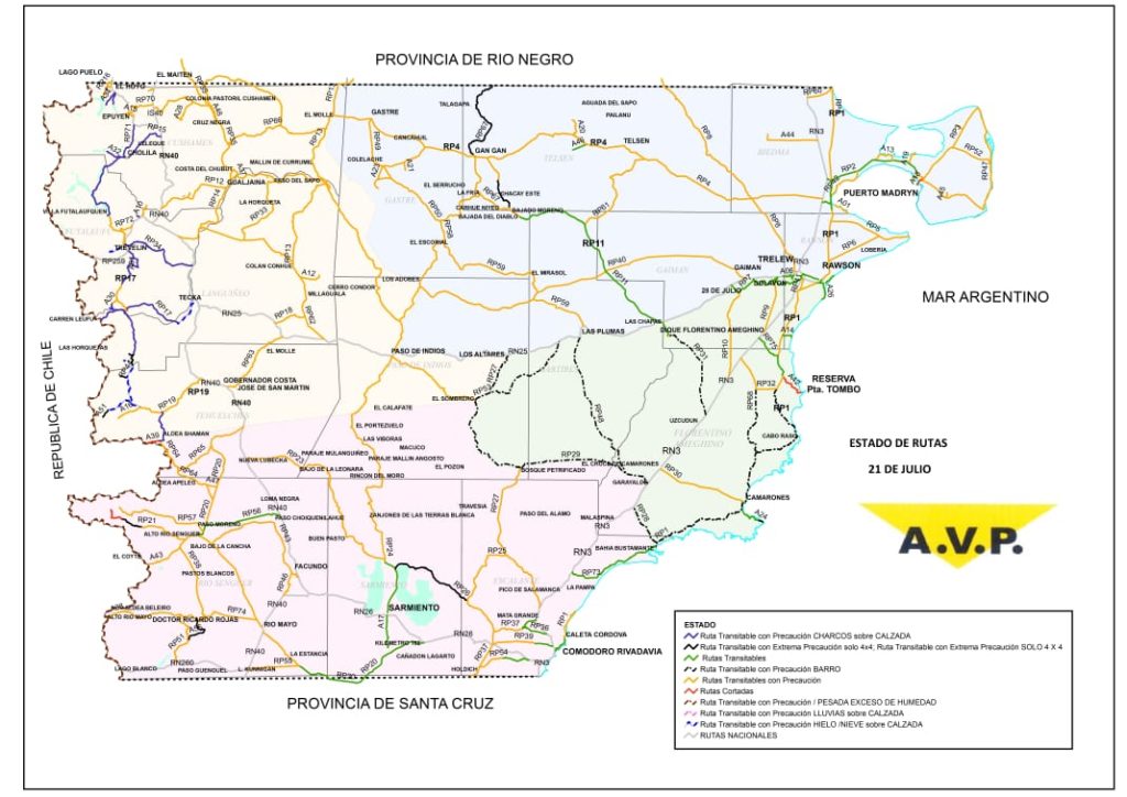 Estado de las rutas de Chubut del jueves 21 de julio