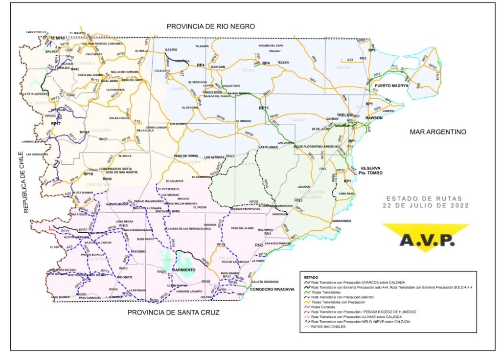 Estado de las rutas de Chubut del sábado 23 de julio