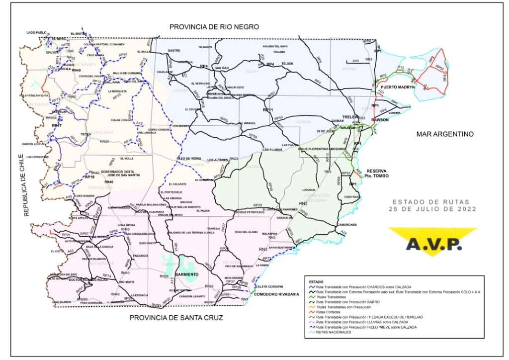 Estado de las rutas de Chubut del lunes 25 de julio