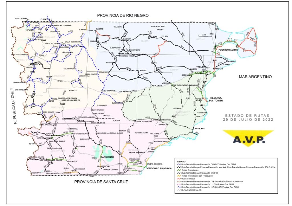 Estado de las rutas de Chubut del viernes 29 de julio