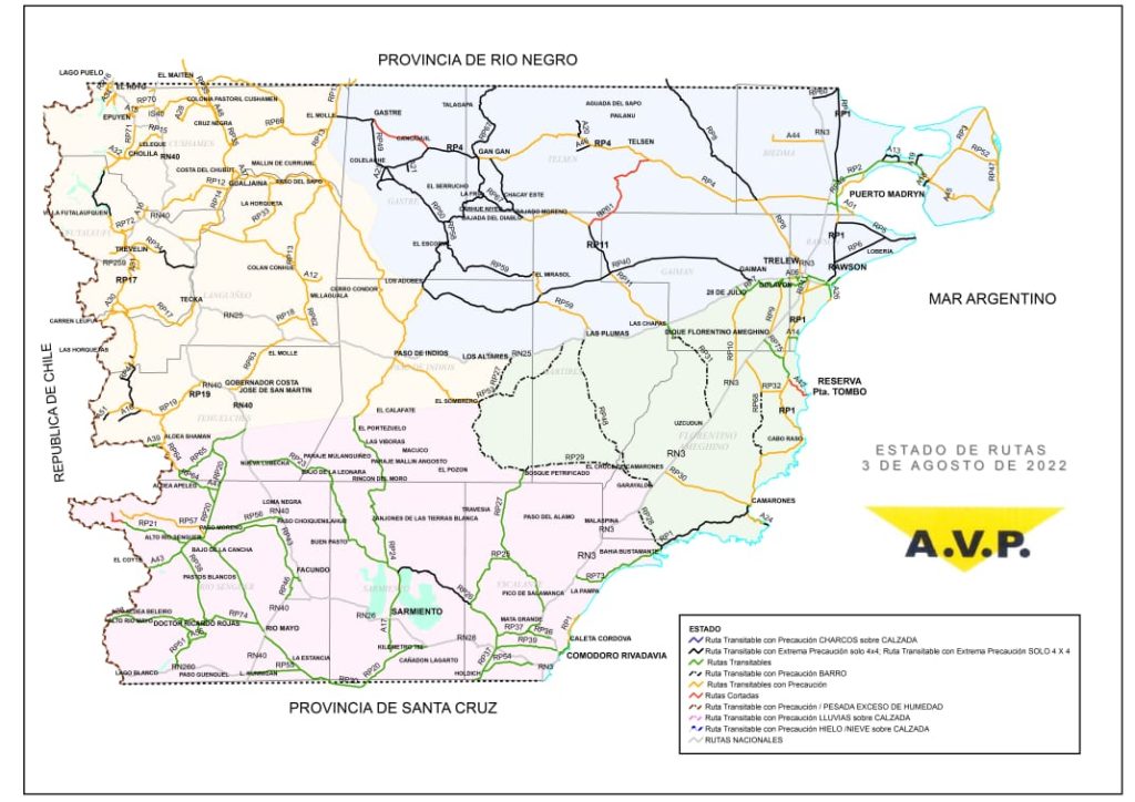 Estado de las rutas de Chubut del miércoles 3 de agosto