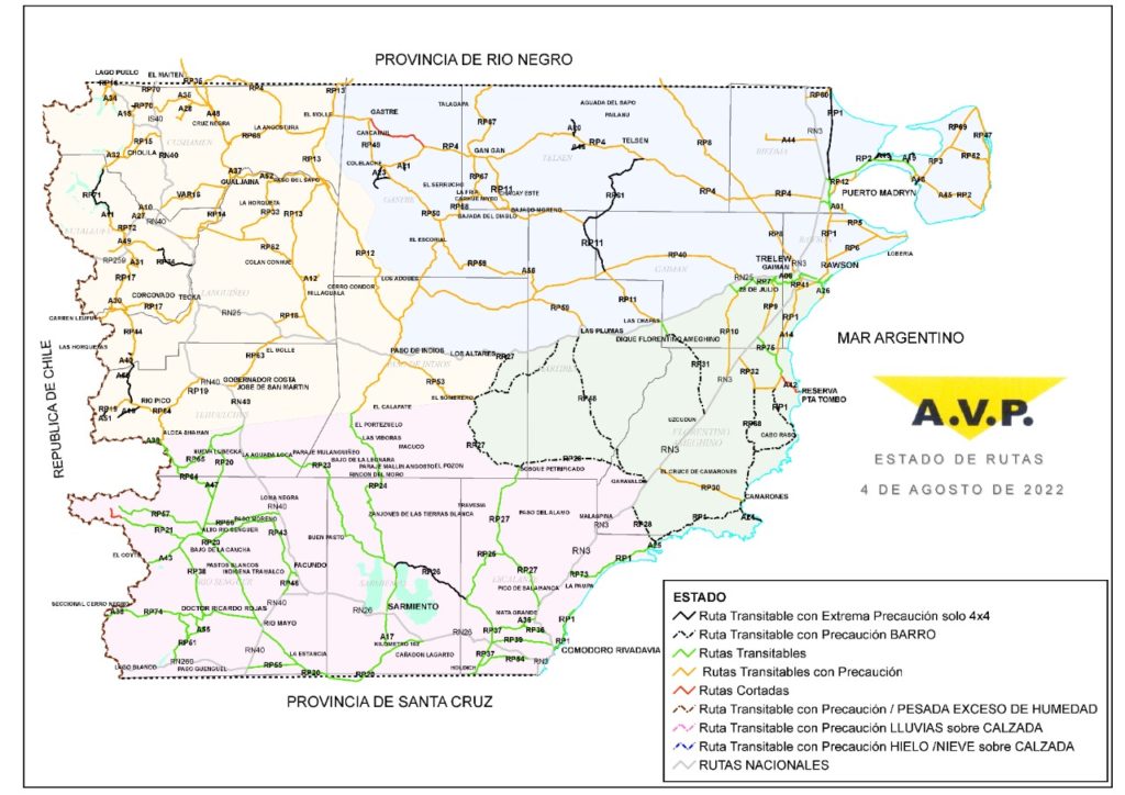 Estado de las rutas de Chubut del jueves 4 de agosto