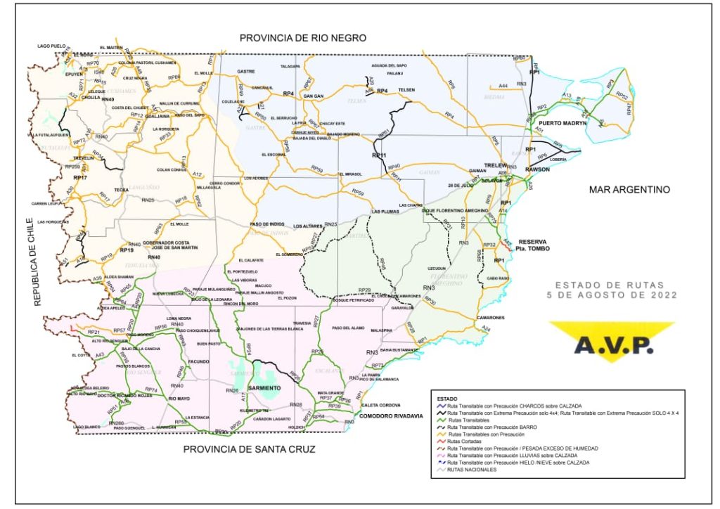 Estado de las rutas de Chubut del sábado 6 de agosto