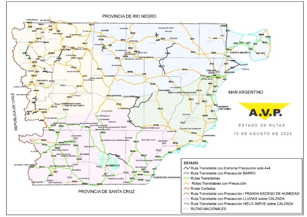 Estado de las rutas de Chubut del miércoles 10 de agosto