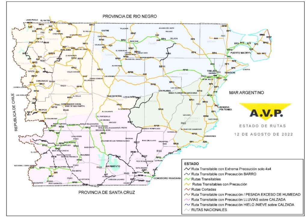 Estado de las rutas de Chubut del sábado 13 de agosto