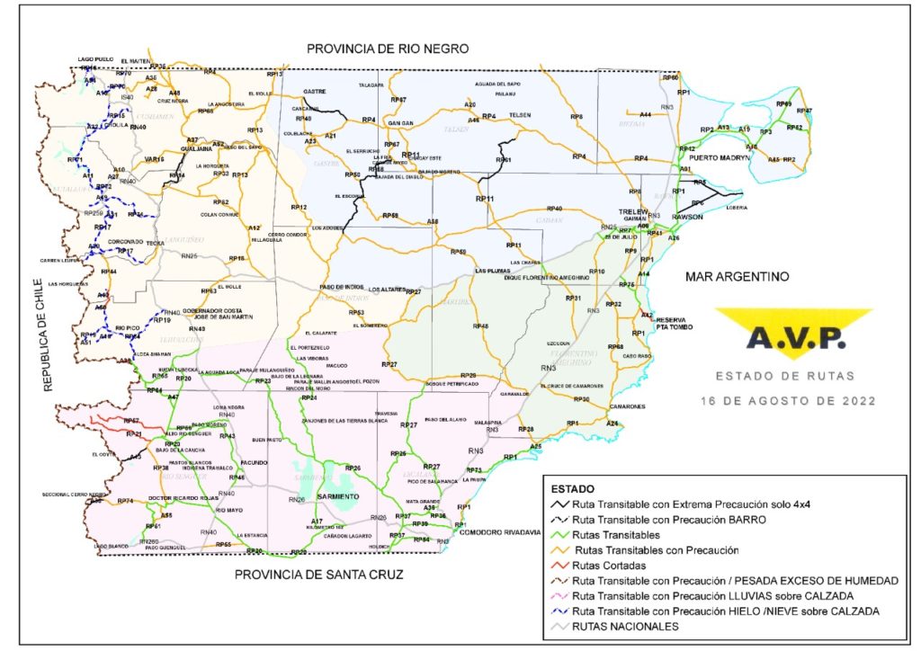 Estado de las rutas de Chubut del martes 16 de agosto