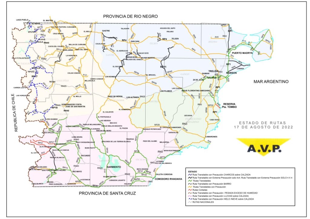 Estado de las rutas de Chubut del miércoles 17 de agosto