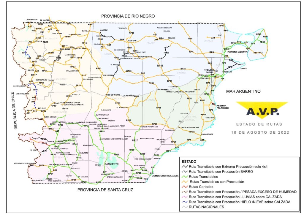 Estado de las rutas de Chubut del jueves 18 de agosto