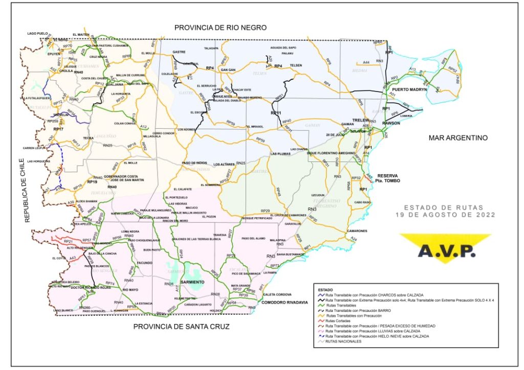 Estado de las rutas de Chubut del sábado 20 de agosto