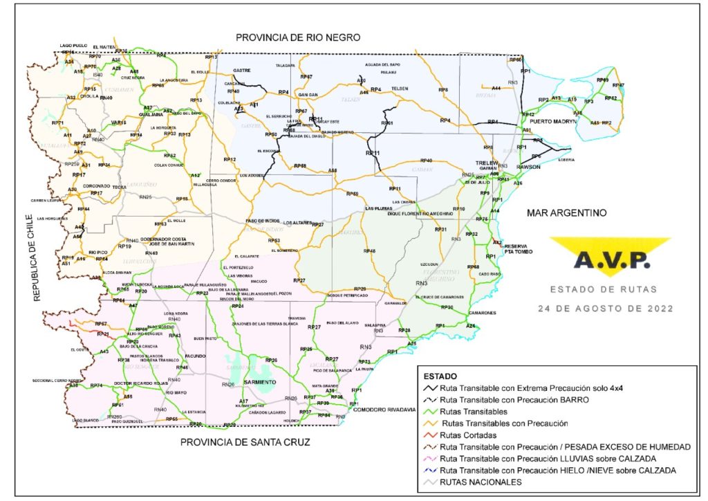 Estado de las rutas de Chubut del miércoles 24 de agosto