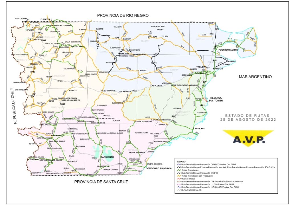 Estado de las rutas de Chubut del sábado 27 de agosto
