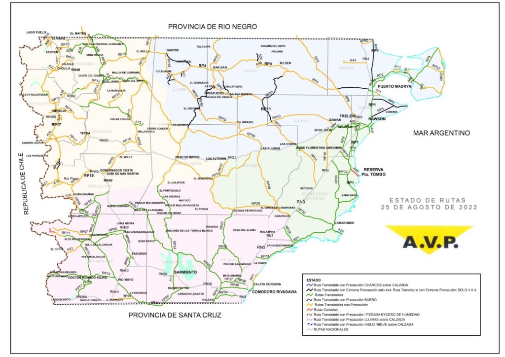 Estado de las rutas de Chubut del domingo 28 de agosto