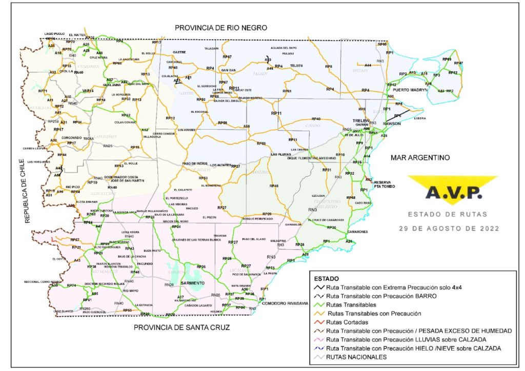 Estado de las rutas de Chubut del lunes 29 de agosto