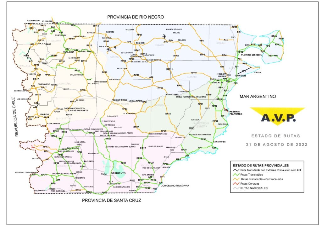 Estado de las rutas de Chubut del jueves 1 de septiembre