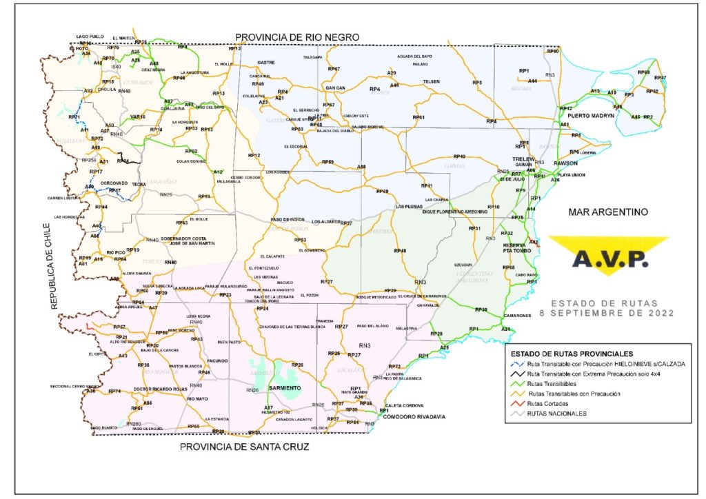 Estado de las rutas de Chubut del jueves 8 de septiembre