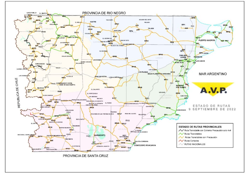 Estado de las rutas de Chubut del miércoles 14 de septiembre