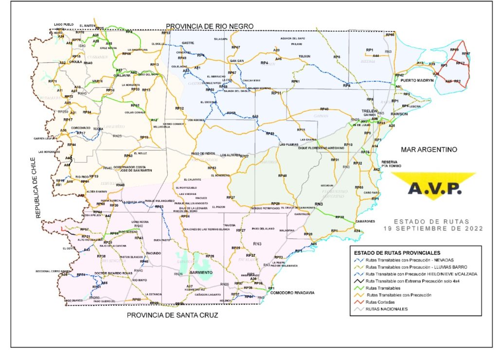 Estado de las rutas de Chubut del lunes 19 de septiembre