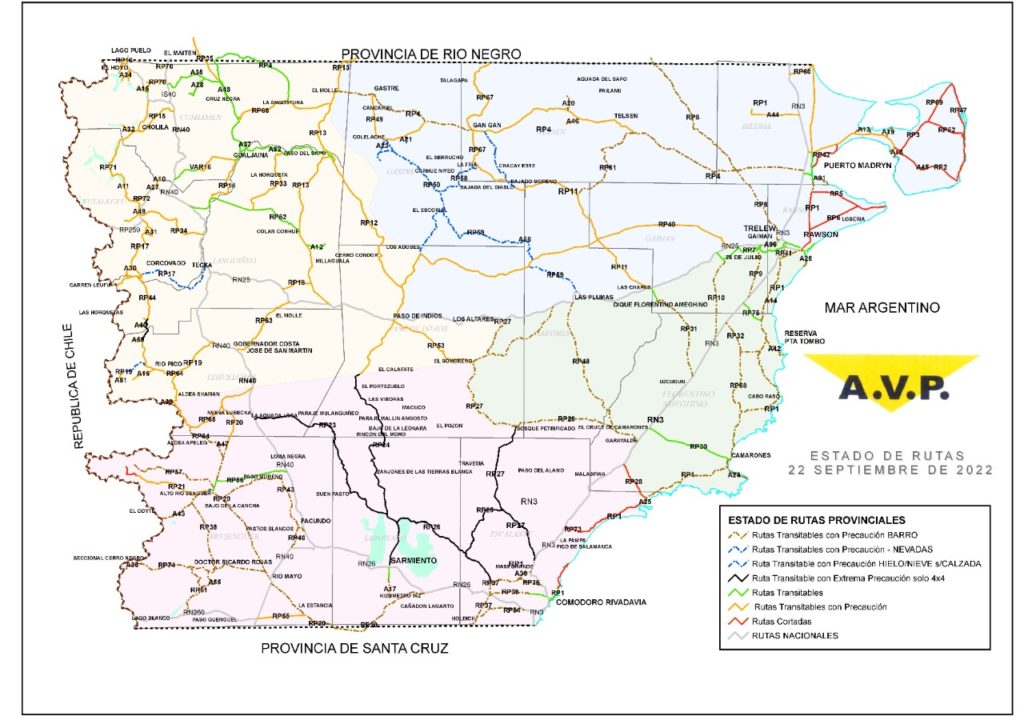 Estado de las rutas de Chubut del jueves 22 de septiembre