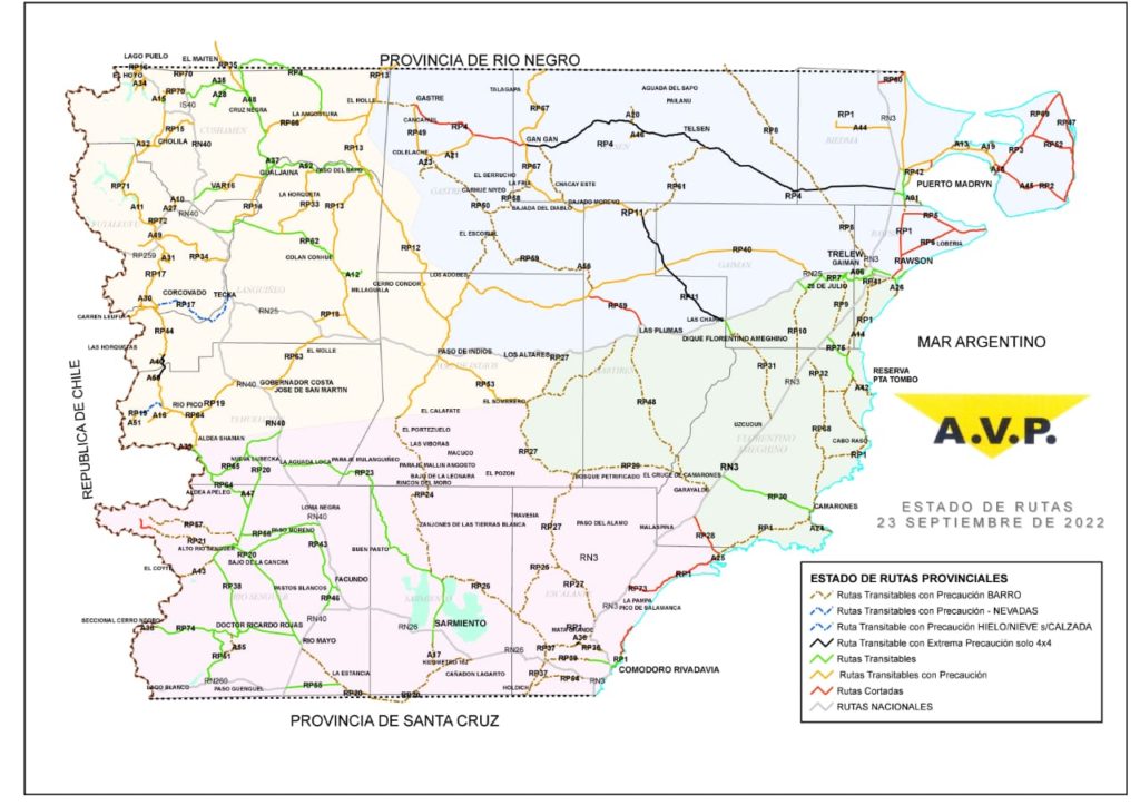 Estado de las rutas de Chubut del sábado 24 de septiembre