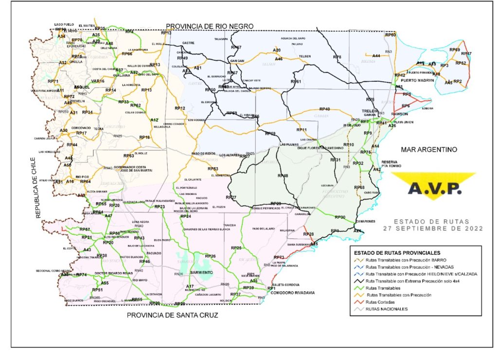 Estado de las rutas de Chubut del jueves 29 de septiembre