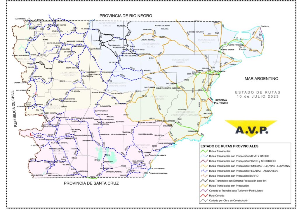 Estado de las rutas de Chubut del lunes 10 de julio