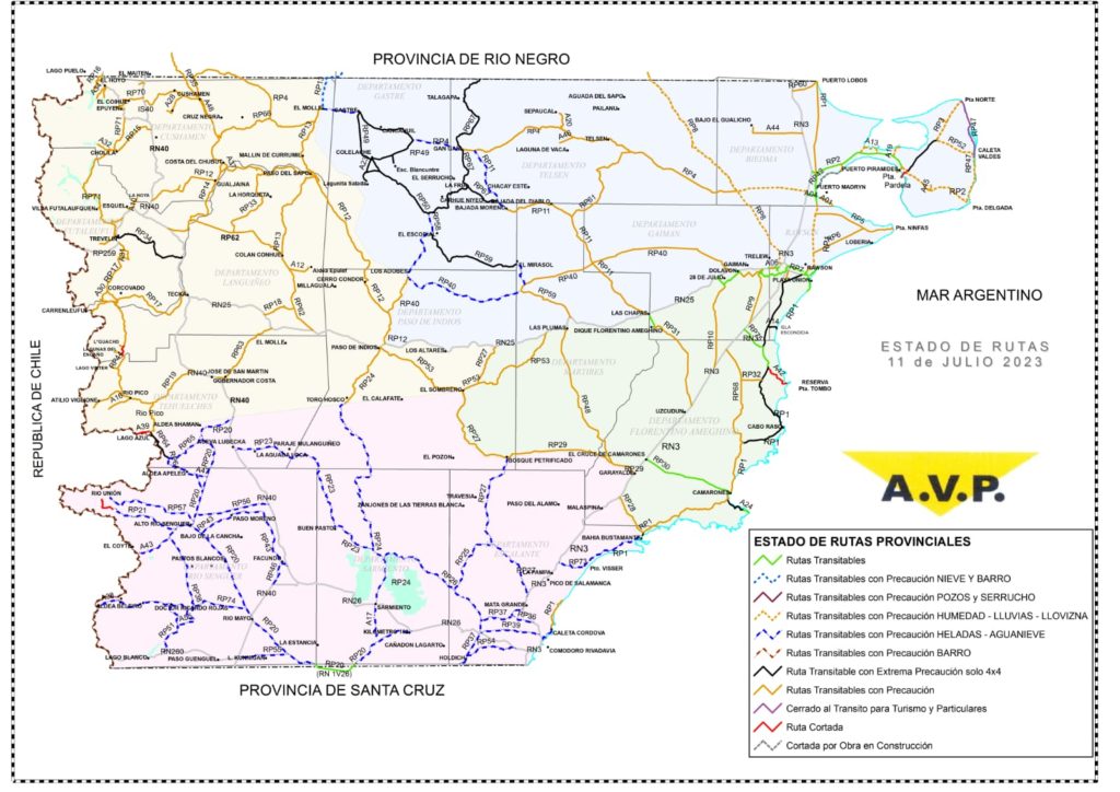 Estado de las rutas de Chubut del martes 11 de julio
