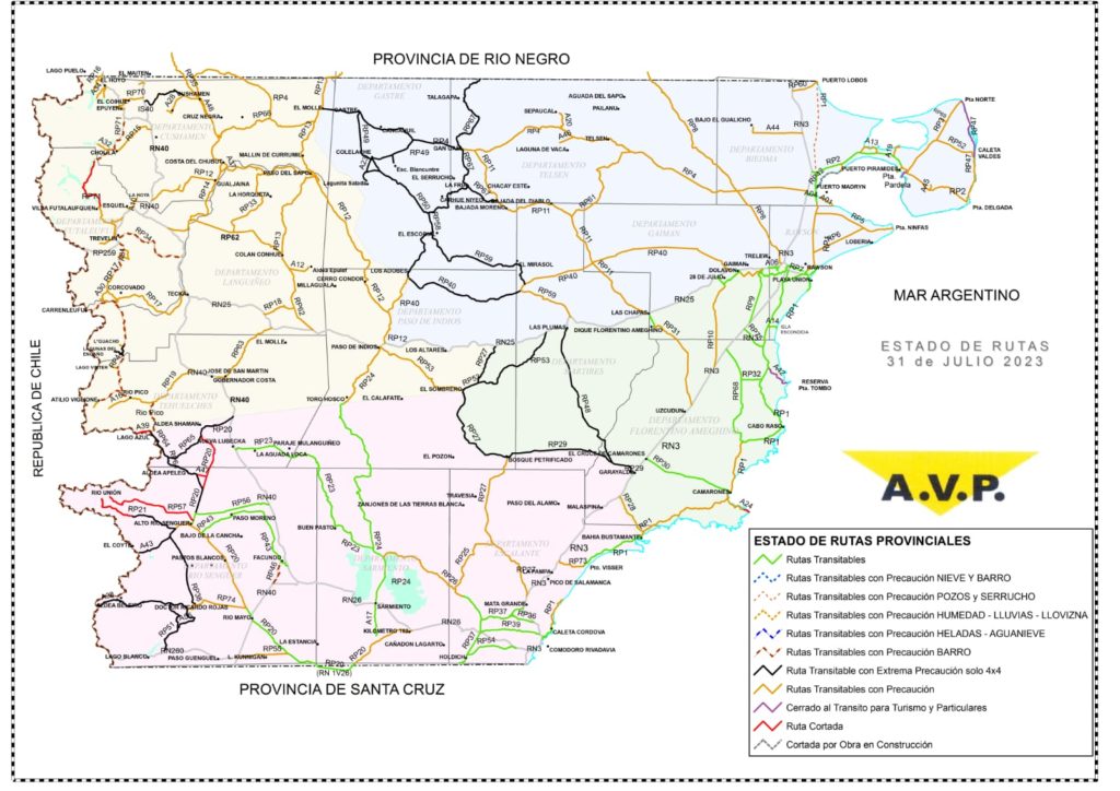 Estado de las rutas de Chubut del lunes 31 de julio