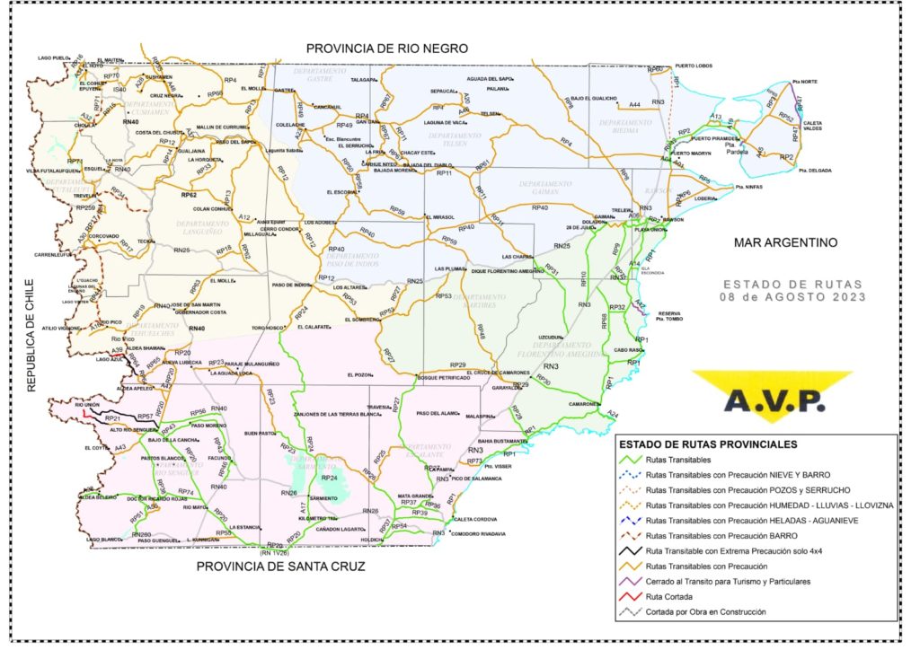 Estado de las rutas de Chubut del martes 8 de agosto