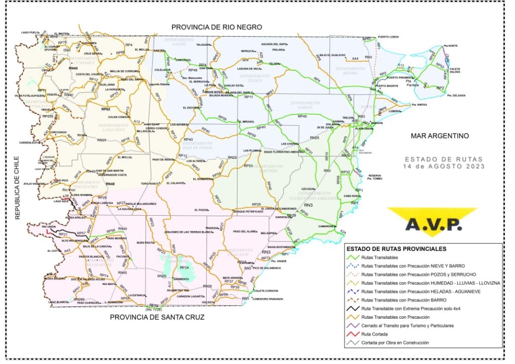 Estado de las rutas de Chubut del lunes 14 de agosto