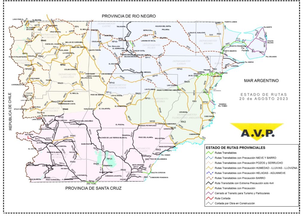Estado de las rutas de Chubut del domingo 20 de agosto