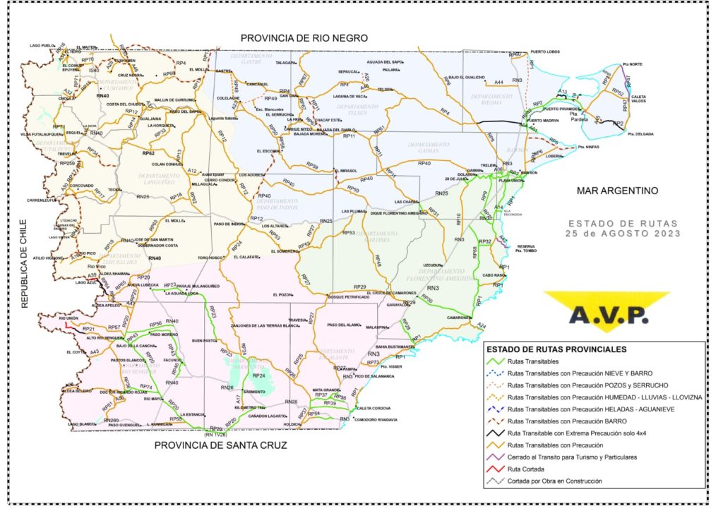 Estado de las rutas de Chubut del viernes 25 de agosto
