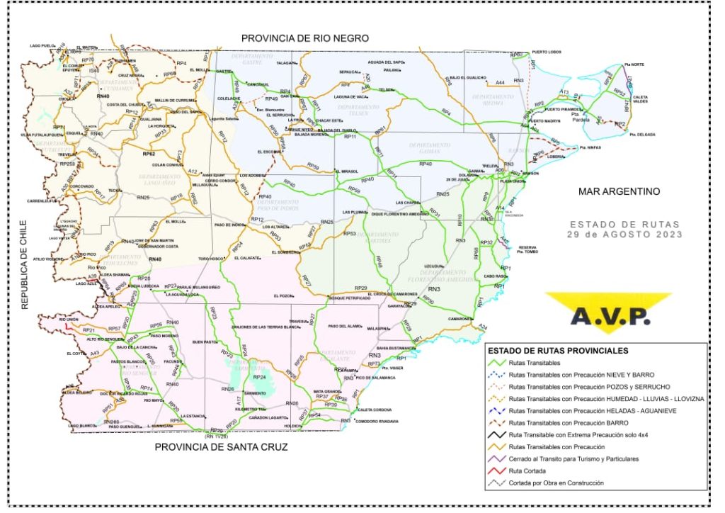 Estado de las rutas de Chubut del martes 29 de agosto