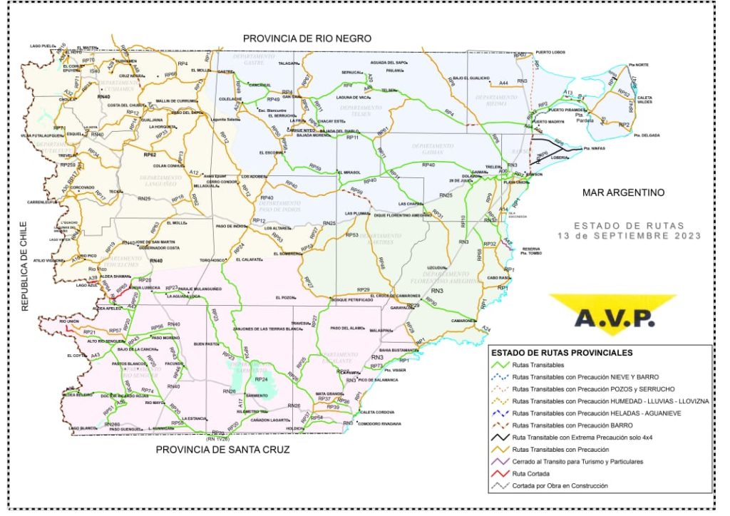 Estado de las rutas de Chubut del miércoles 13 de septiembre