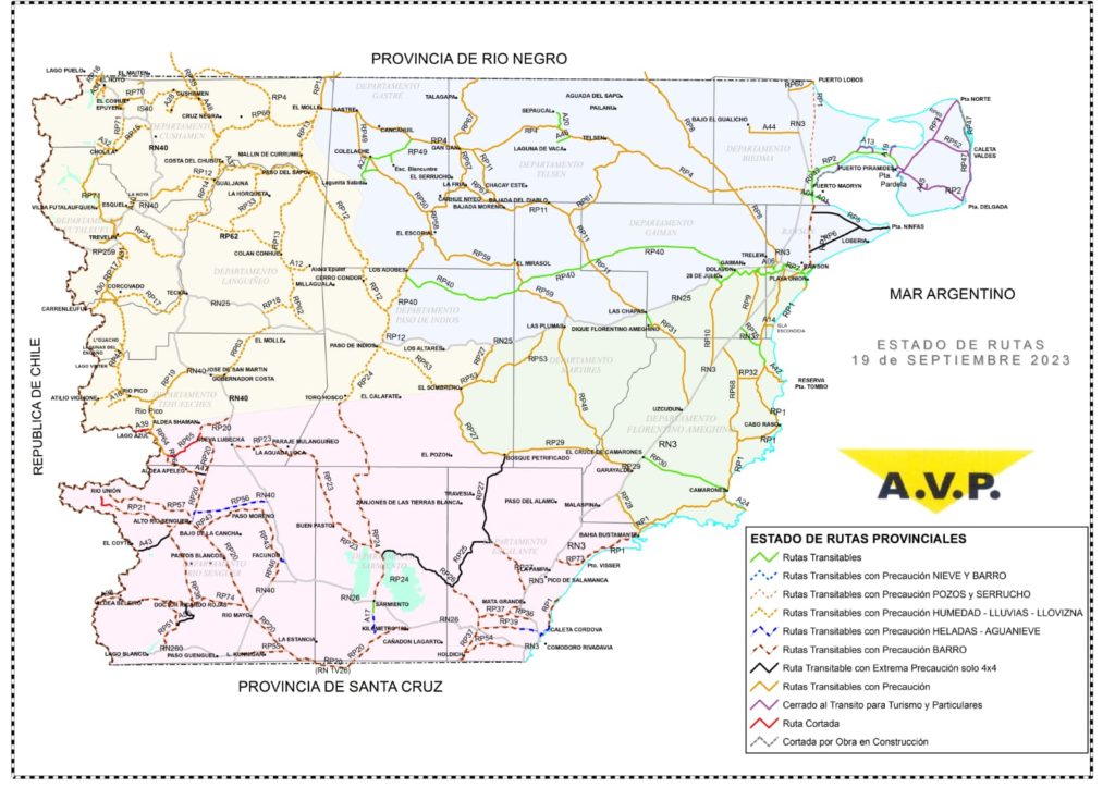 Estado de las rutas de Chubut del martes 19 de septiembre